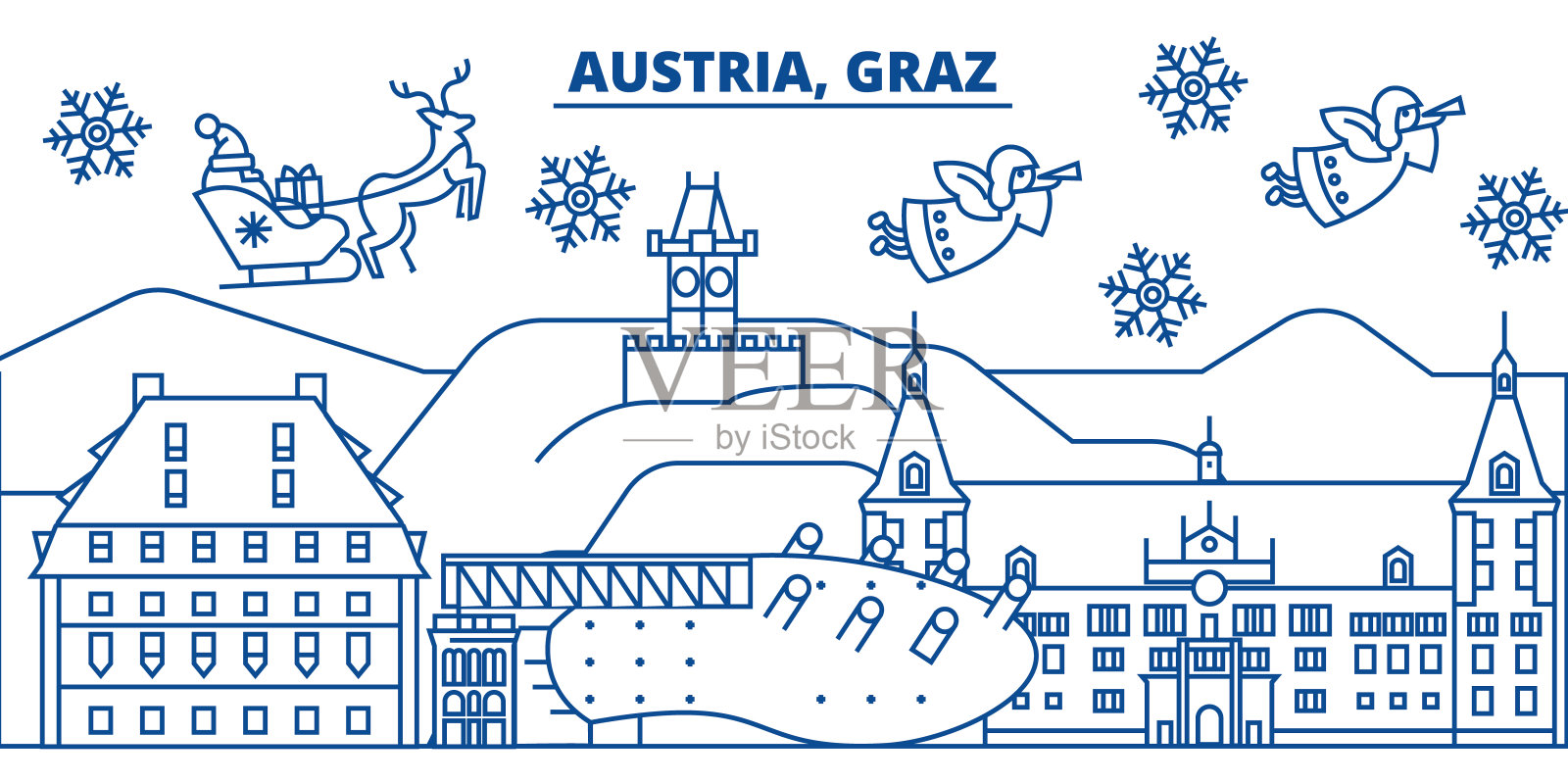 奥地利格拉茨冬季城市的天际线。圣诞快乐，新年快乐横幅上装饰着圣诞老人。冬季贺卡。平,轮廓向量。线形圣诞雪插画插画图片素材