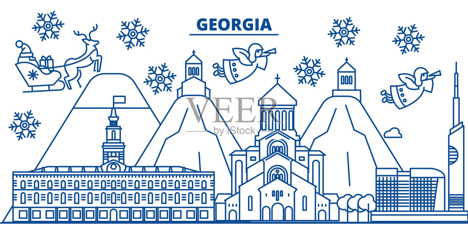 乔治亚冬季城市的天际线。圣诞快乐，新年快乐横幅上装饰着圣诞老人。冬季贺卡。平,轮廓向量。线形圣诞雪插画插画图片素材