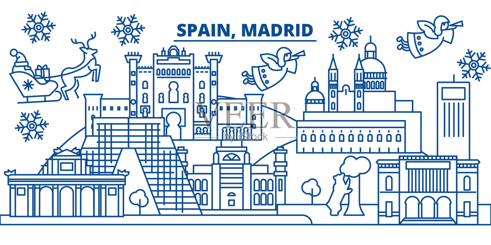 西班牙，马德里冬季城市天际线。圣诞快乐，新年快乐横幅上装饰着圣诞老人。冬季贺卡。平,轮廓向量。线形圣诞雪插画插画图片素材