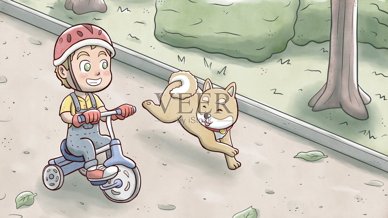 公园里，男孩骑着三轮车，后面跟着柴犬插画图片素材