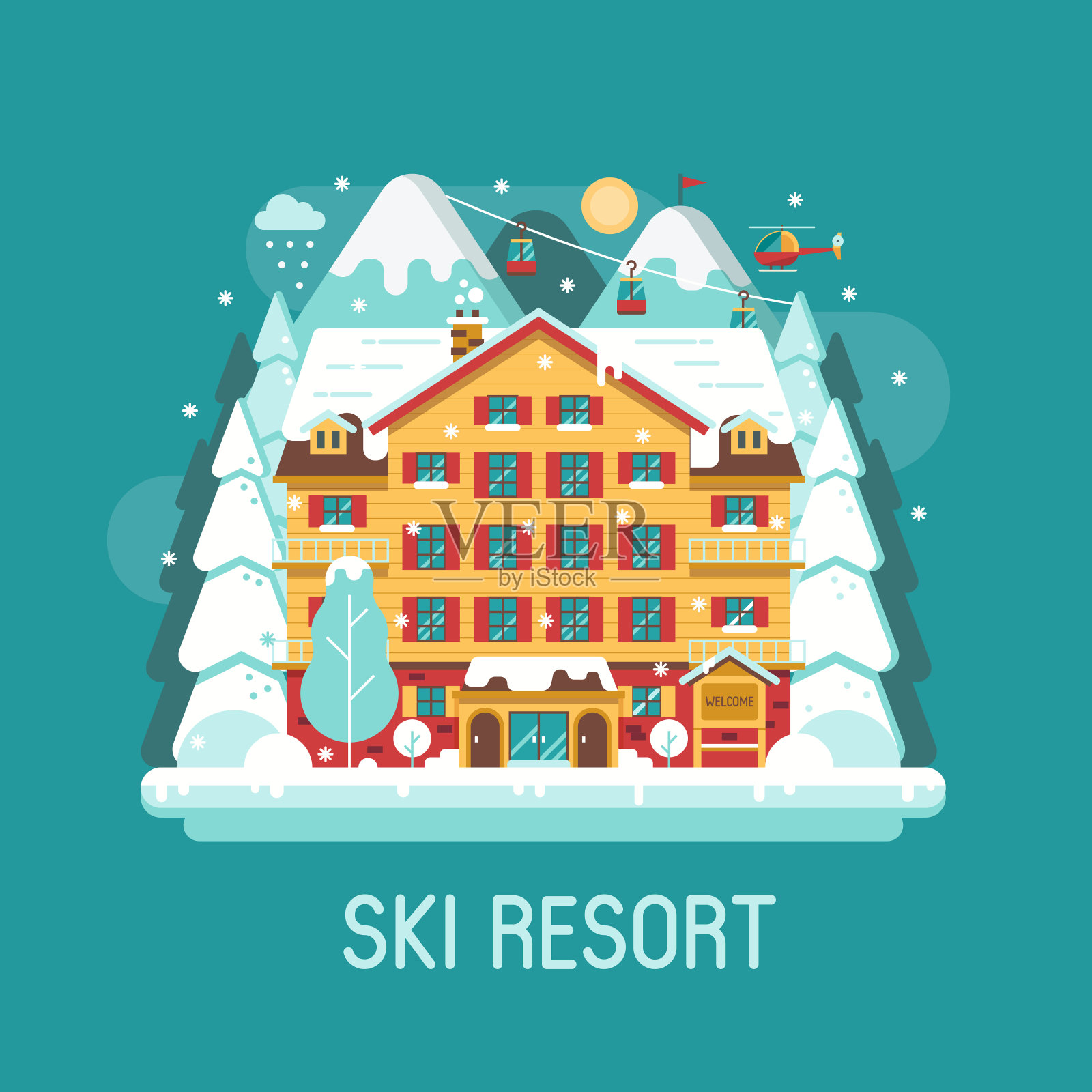 冬季滑雪胜地平坦景观插画图片素材