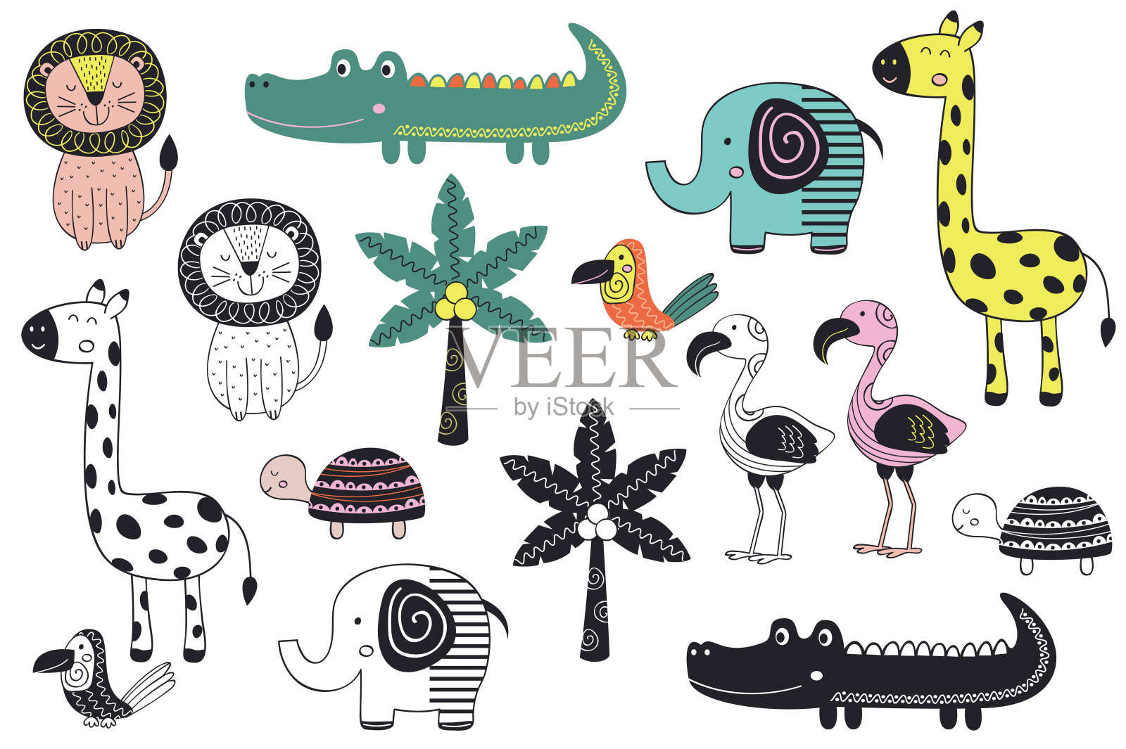 斯堪的纳维亚风格的一组孤立的丛林动物插画图片素材