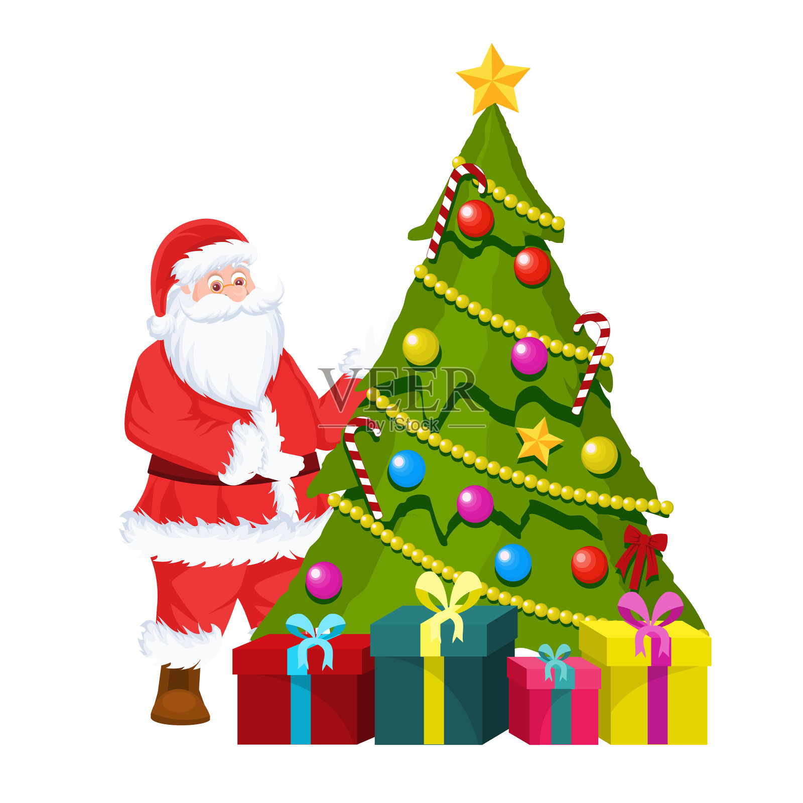 圣诞老人的卡片和圣诞树与礼物盒。设计元素图片