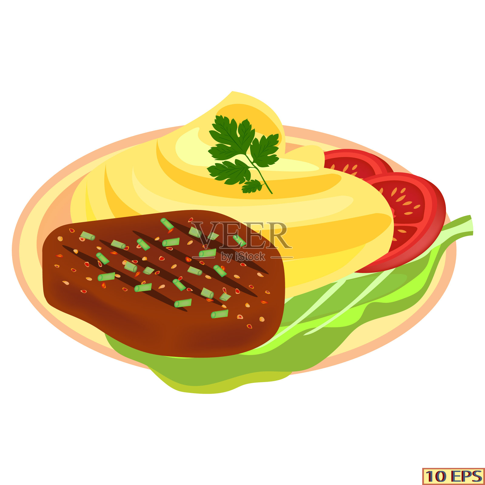 肉丸和土豆泥。烤牛排，土豆，青菜和西红柿。炸肉片和配菜。向量。插画图片素材