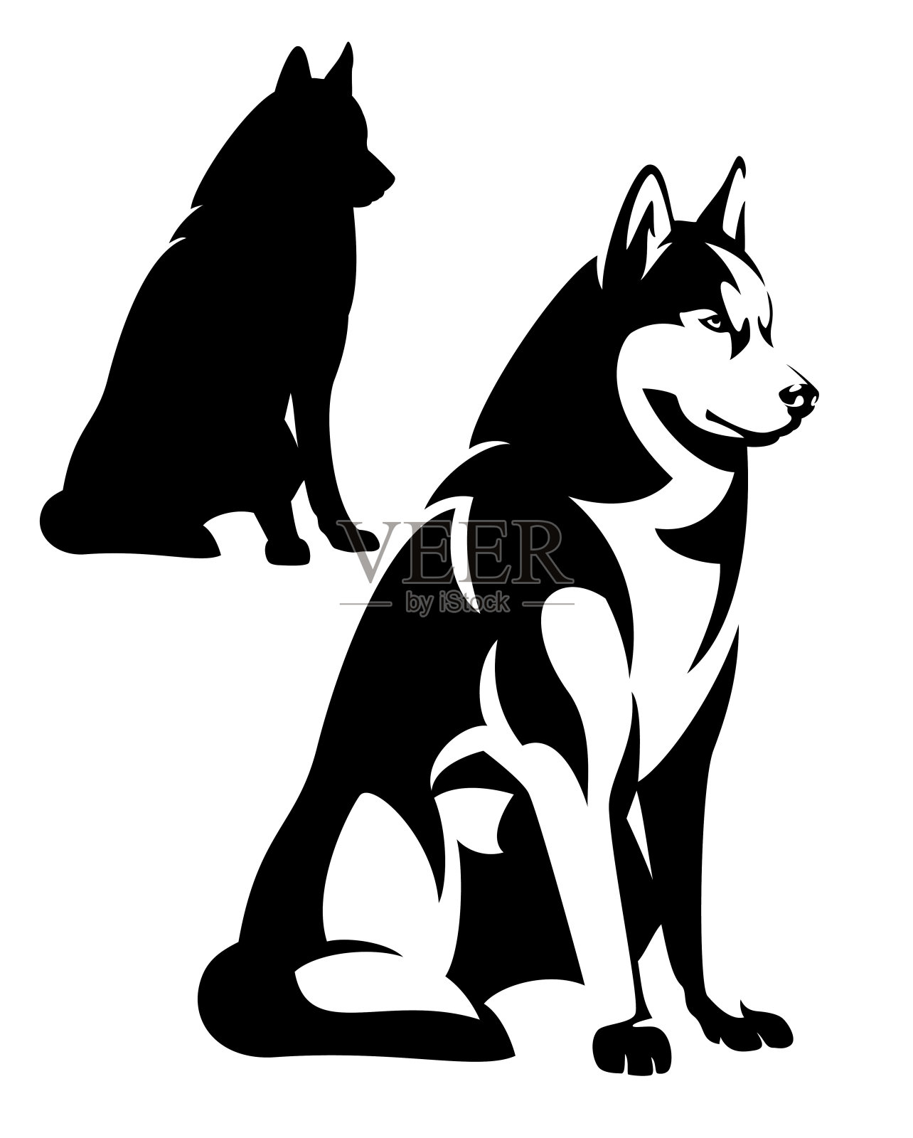 坐着的哈士奇狗简单的黑白矢量设计插画图片素材