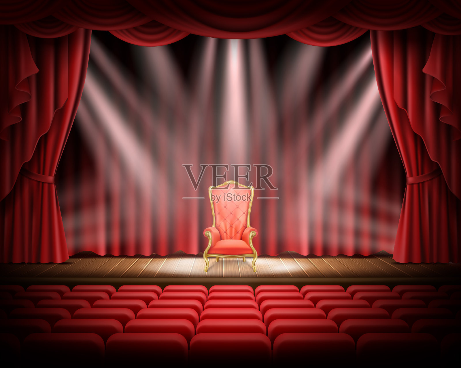红色的窗帘和舞台，红色的复古椅子插画图片素材