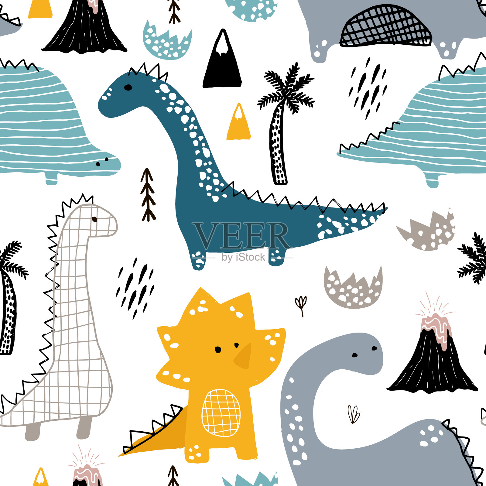幼稚无缝模式与手绘恐龙在斯堪的纳维亚风格。创意矢量幼稚的背景织物，纺织品插画图片素材