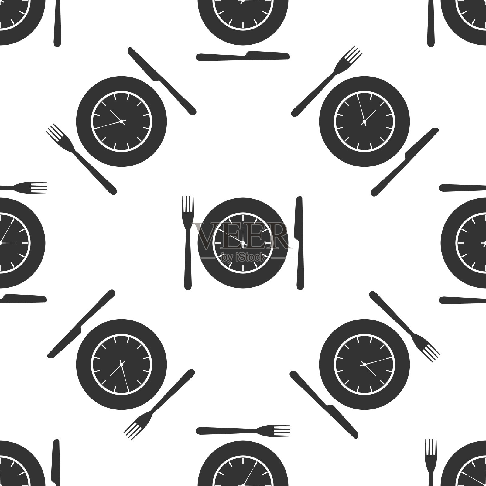 盘子与时钟，叉子和刀的图标无缝模式上的白色背景。午餐时间。饮食、营养制度、用餐时间及饮食观念。平面设计。矢量图插画图片素材