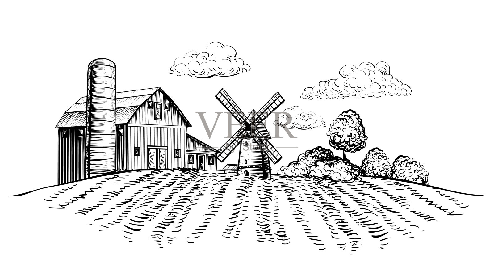 农场谷仓和风车在农业领域的背景树，农村景观手绘素描风格的水平插图设计元素图片