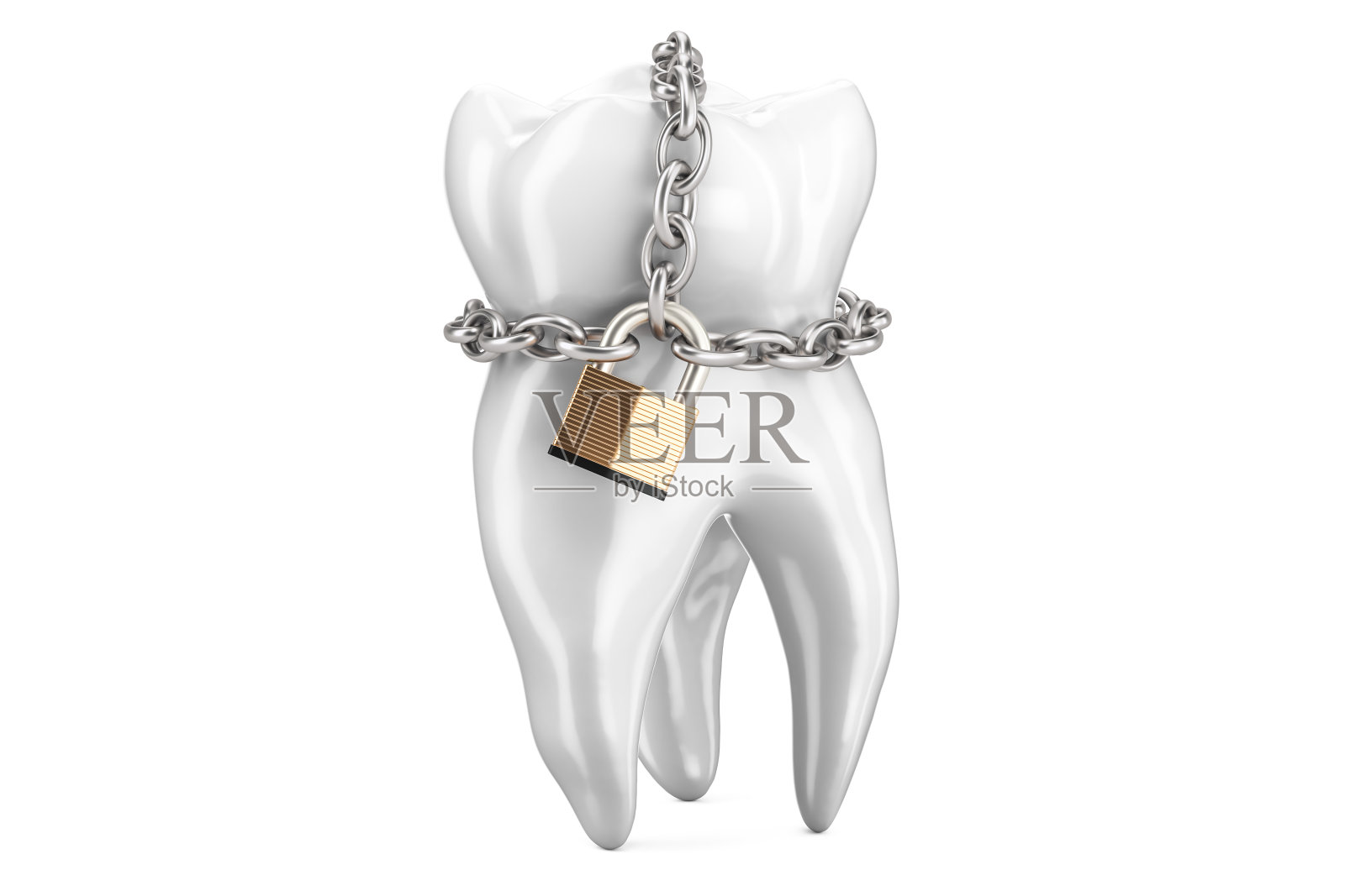 牙齿与挂锁和链条。牙齿保护概念，3D渲染插画图片素材