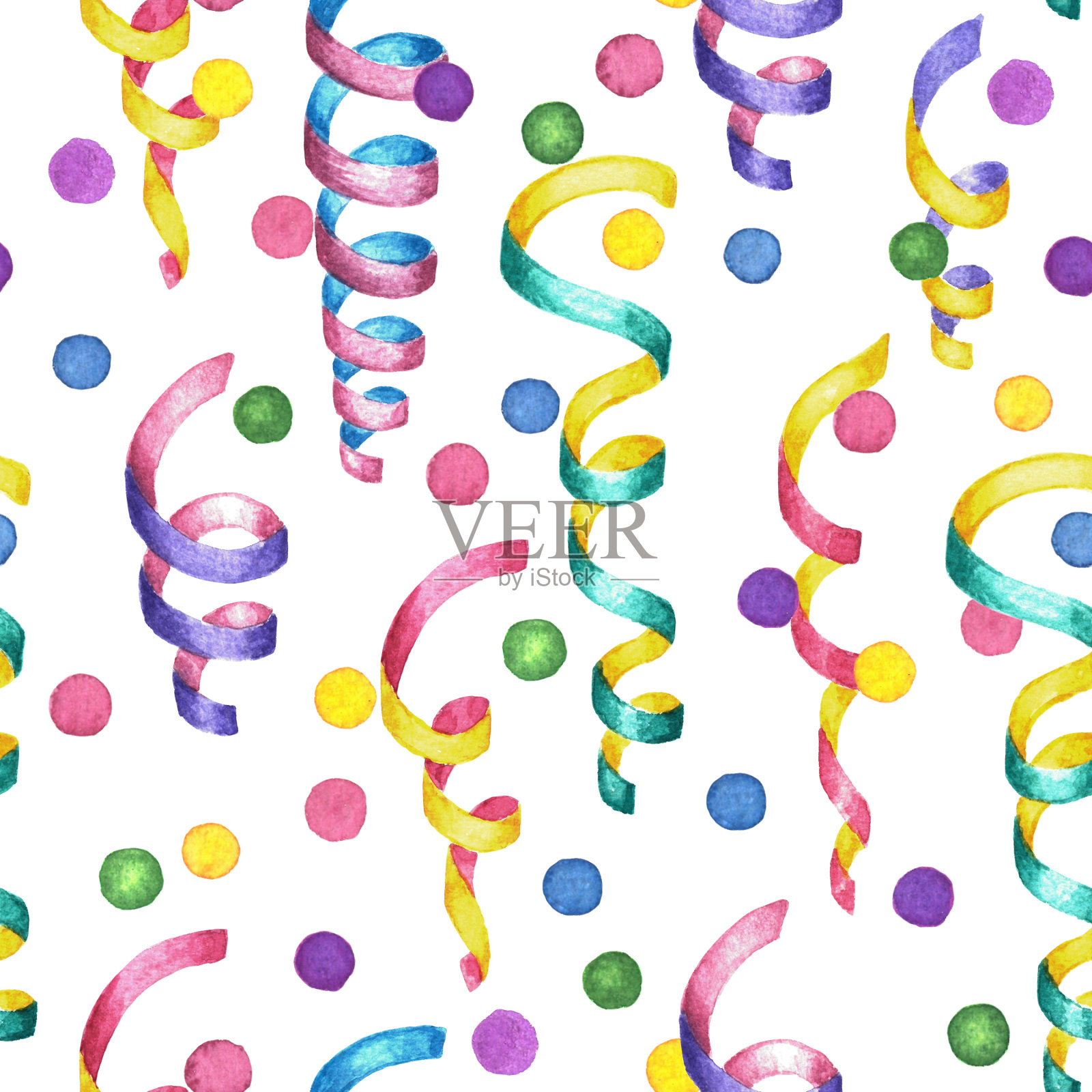 螺旋丝带和五彩纸屑装饰新年，派对和庆祝活动。水彩无缝模式插画图片素材
