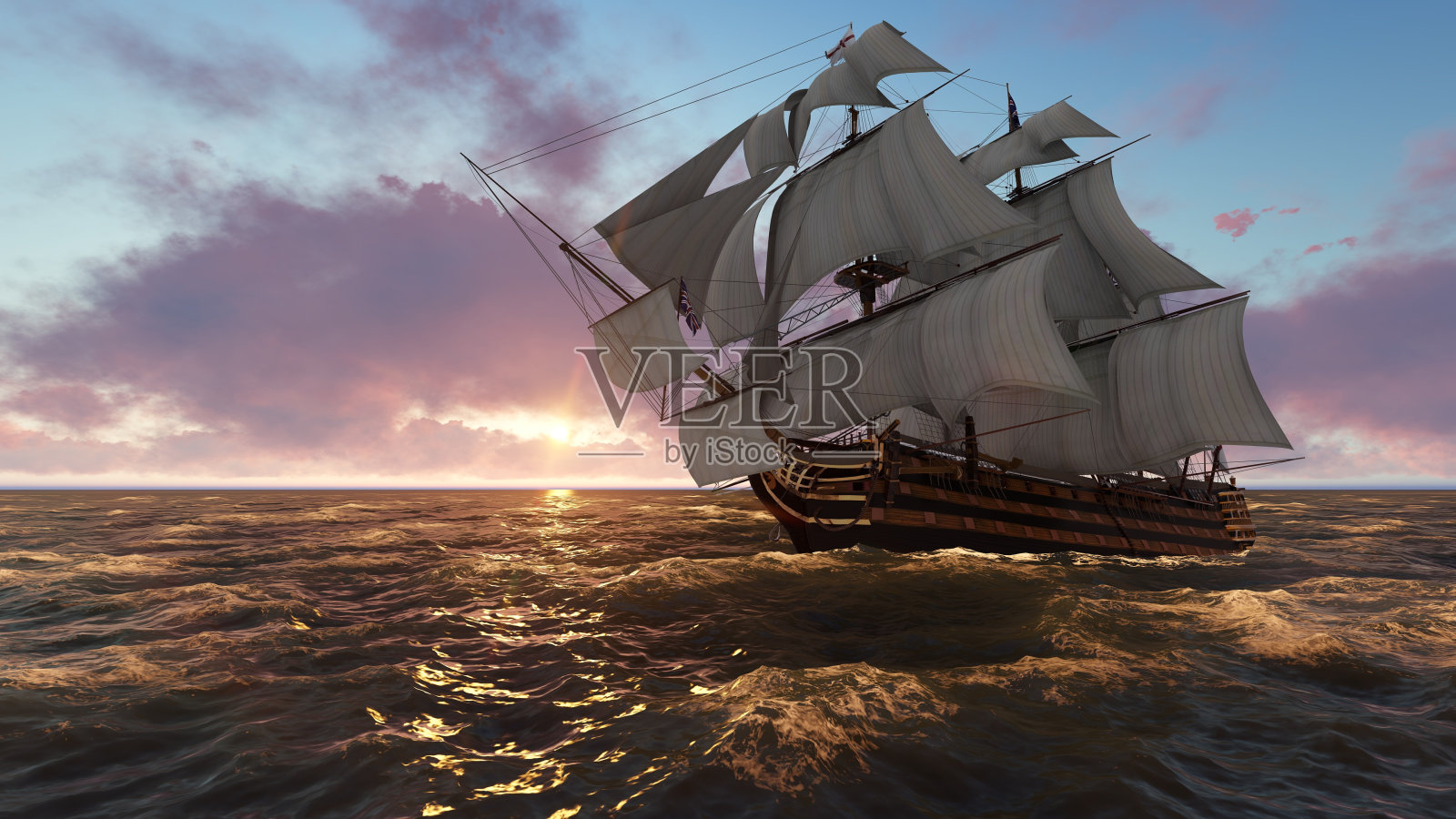 在海上的帆船在傍晚的日落3d插图插画图片素材