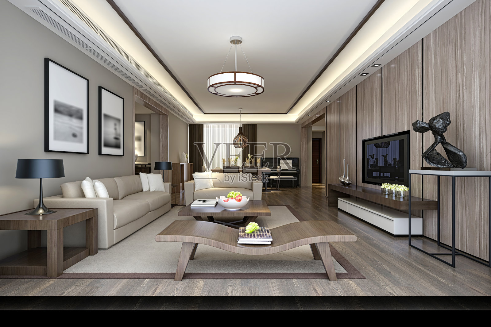 豪华住宅和客厅的3D渲染插画图片素材