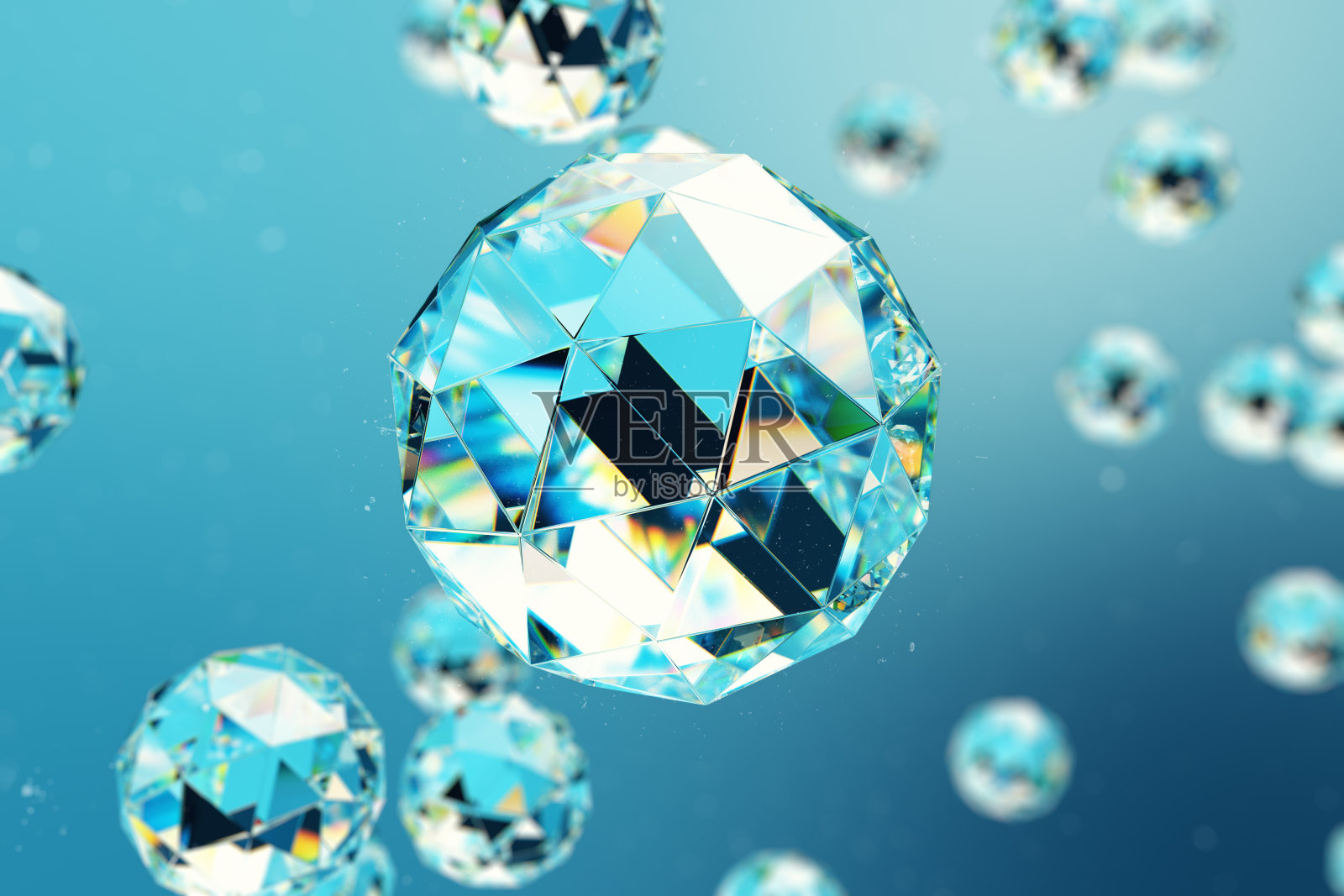 三维插图抽象背景的混乱低聚球体组成的宝石或钻石。尘埃空间中的粒子。未来主义背景与景深效果，散景。插画图片素材