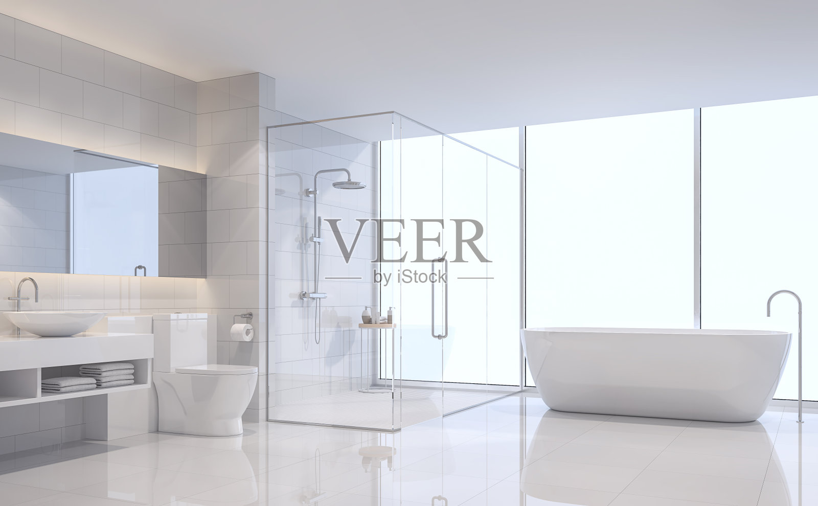 现代白色浴室3d渲染图像插画图片素材