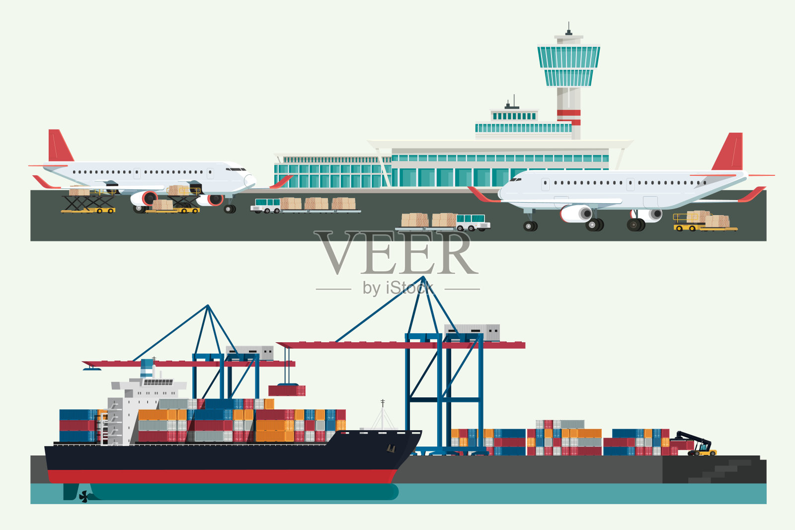 货物物流运输，集装箱船及货机用工作起重机进出口运输行业及叉车。说明向量插画图片素材