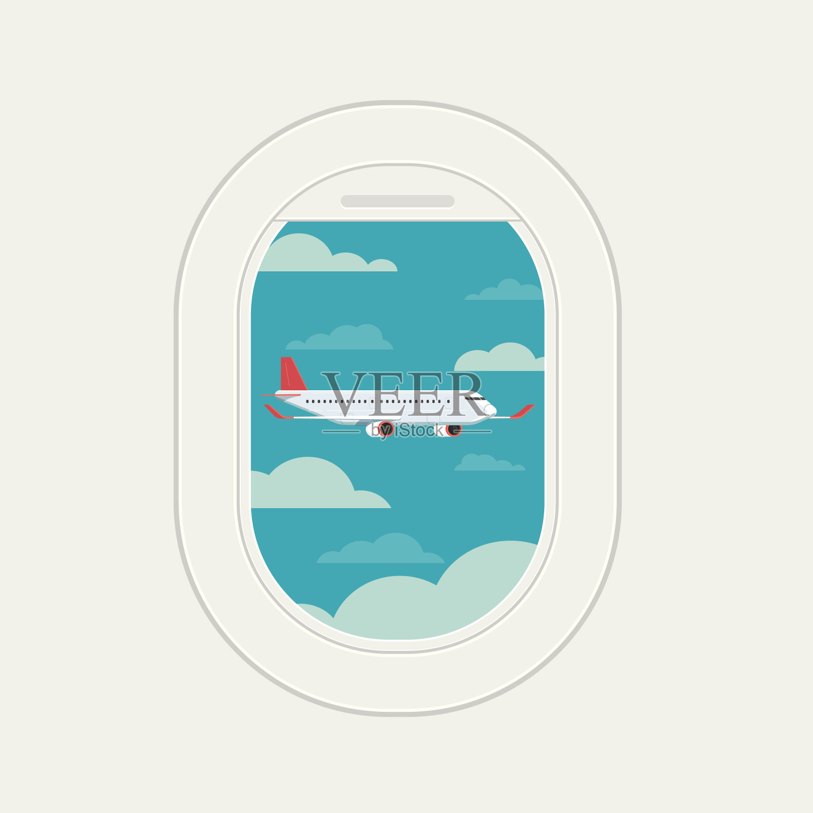 查看飞机窗口看到飞机飞在旅行天空和云彩背景蓝色，矢量插图插画图片素材