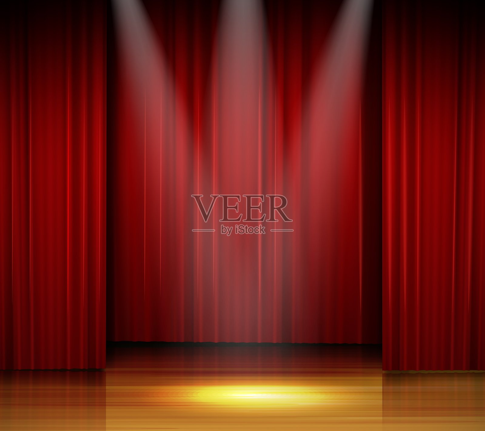 空荡荡的舞台，红色的幕布和木地板上的聚光灯插画图片素材