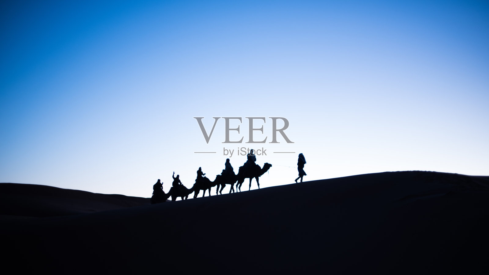 日落时分，摩洛哥东部沙漠中的骆驼观光剪影照片摄影图片