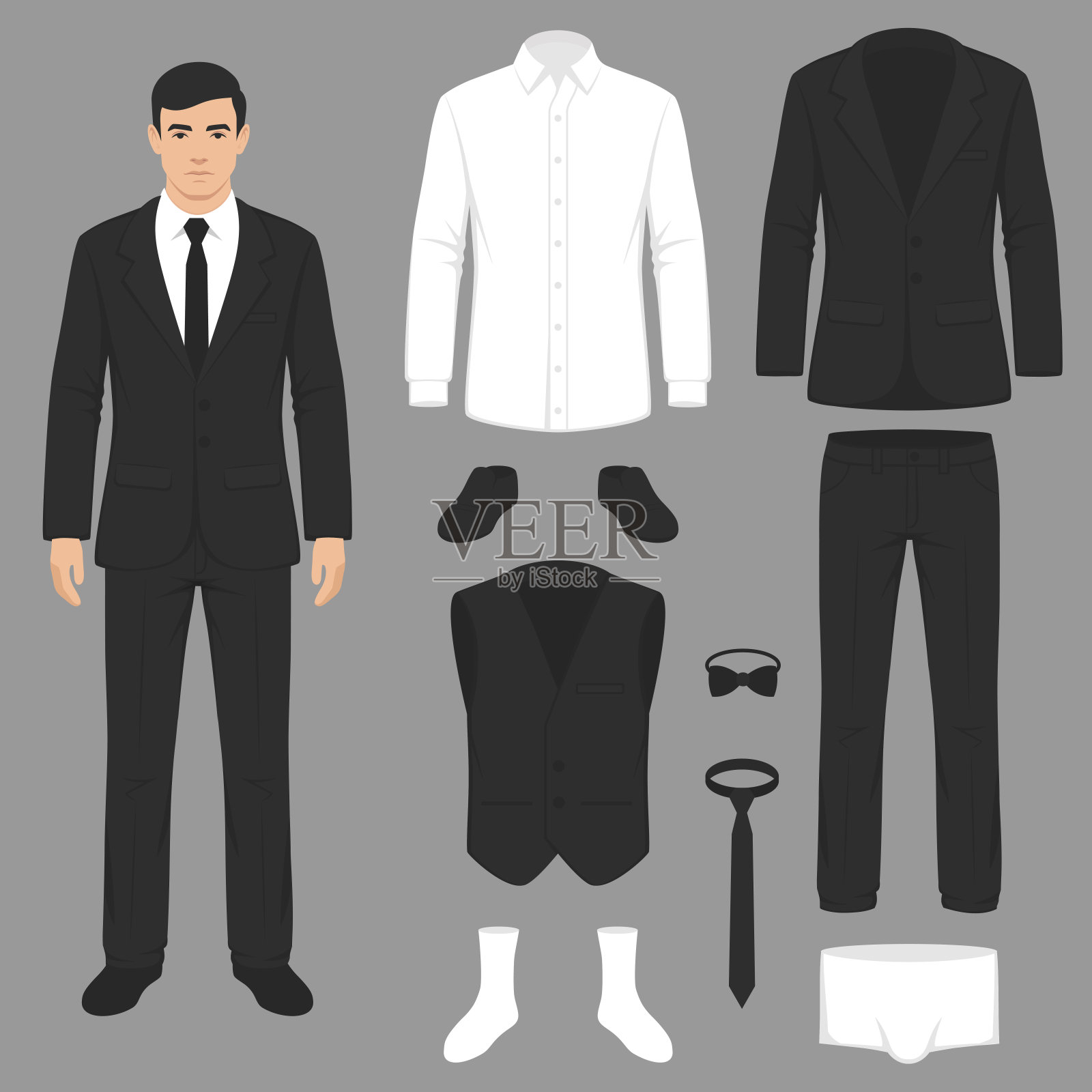 男士时尚，西装制服，夹克，裤子，衬衫和鞋子隔离设计元素图片