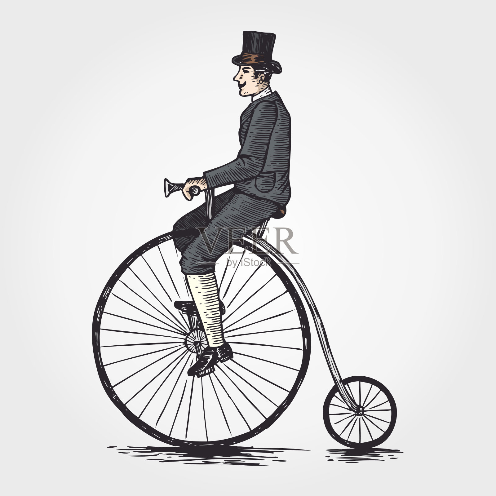 维多利亚时代的一个男人骑着一辆旧自行车的素描设计元素图片