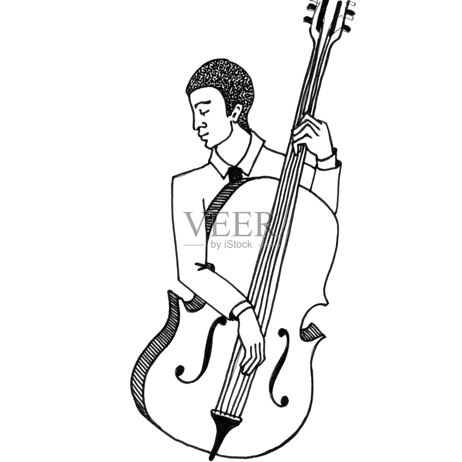 大提琴家的黑白素描。穿白夹克的人拉着低音提琴。插画图片素材