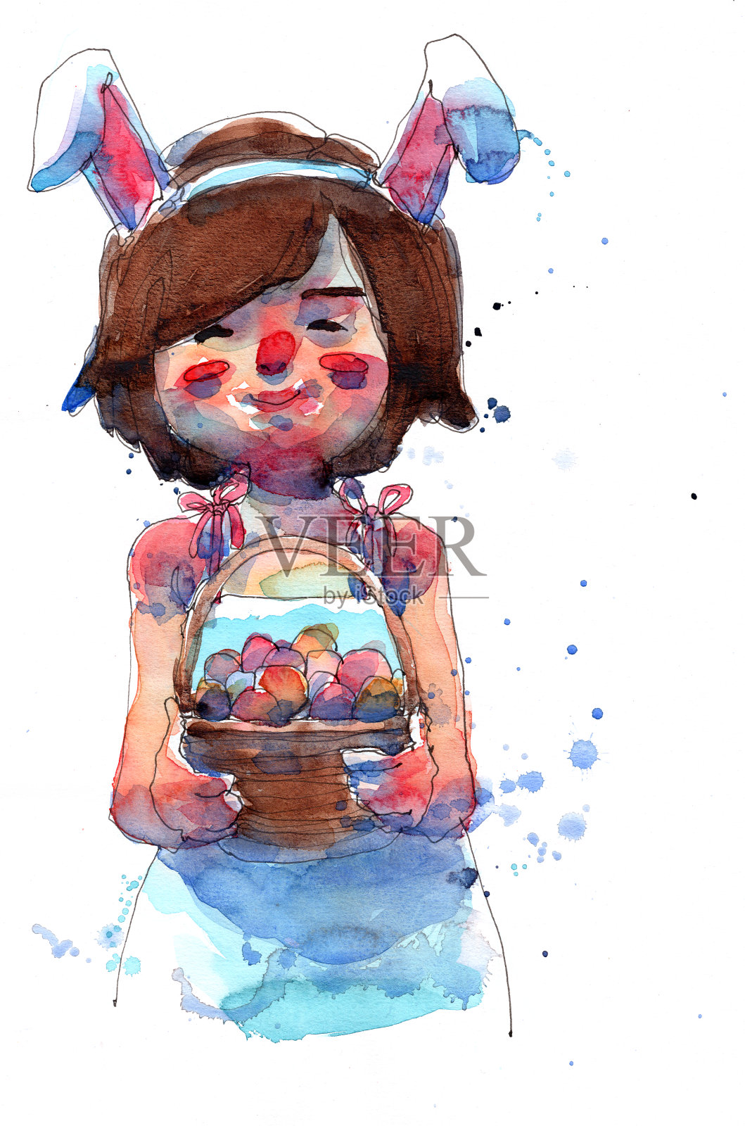 水彩水墨画《女孩与篮子》插画图片素材