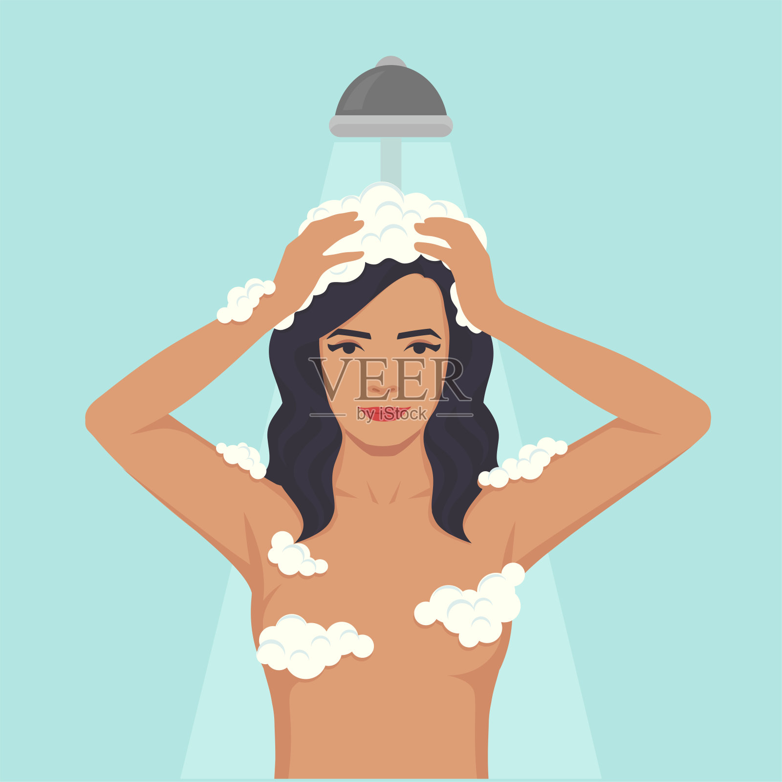 女人洗头，头发卫生，在浴室淋浴插画图片素材