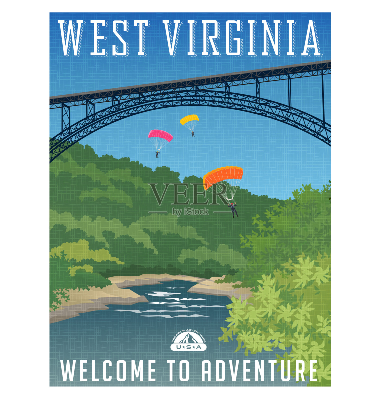复古风格的旅行海报或贴纸。美国，西弗吉尼亚州设计模板素材