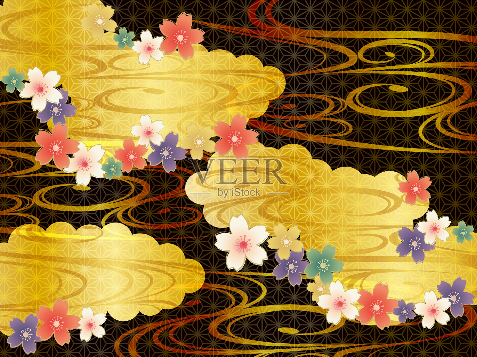 背景材料是日本的云彩，樱花和黄金图案插画图片素材
