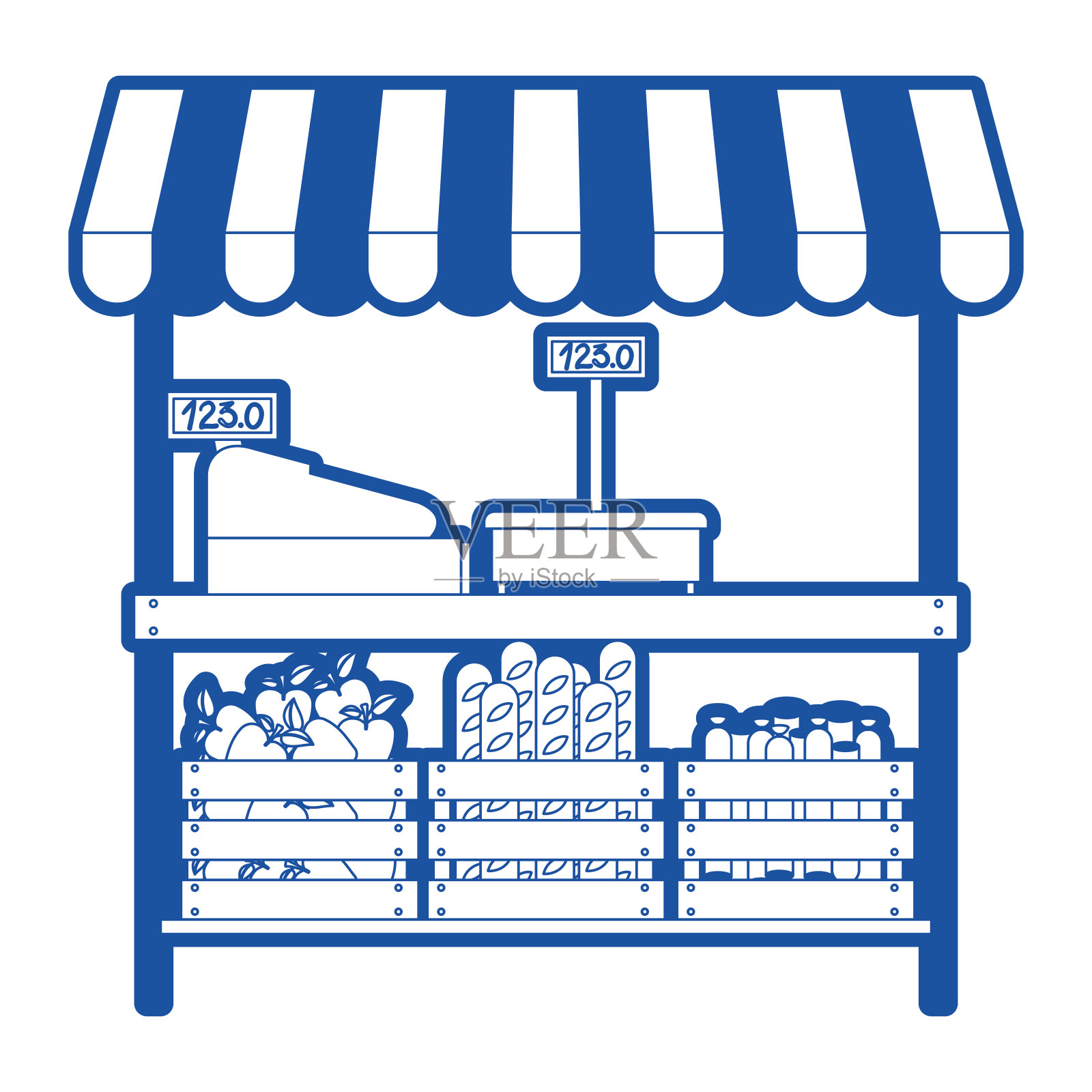 超市货架与称量机和收银机和遮阳与食物在蓝色轮廓插画图片素材
