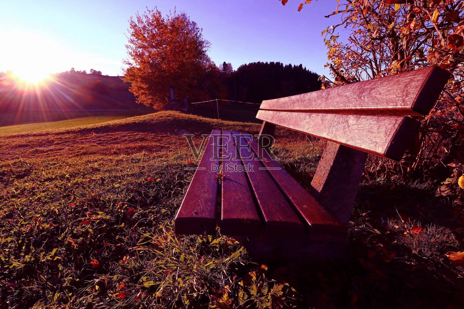 日落时紫外线照射下的长椅照片摄影图片