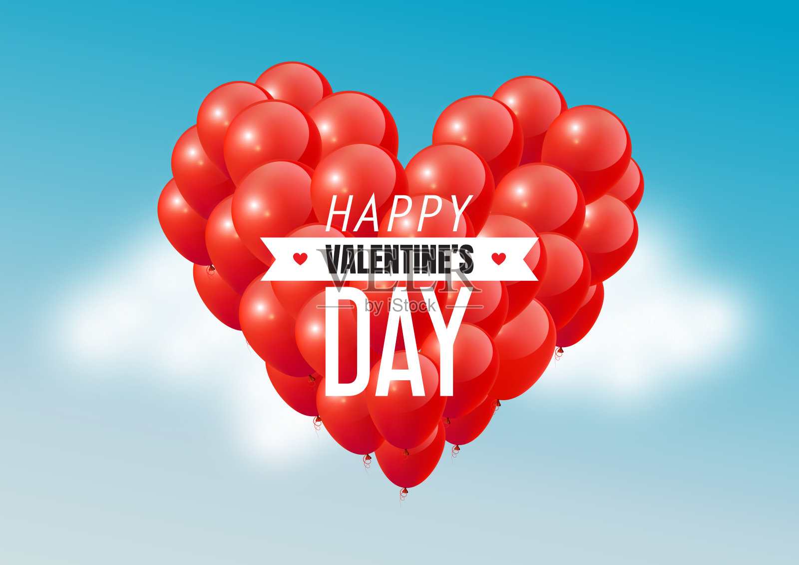心形气球在天空，情人节快乐的文字，矢量插图插画图片素材
