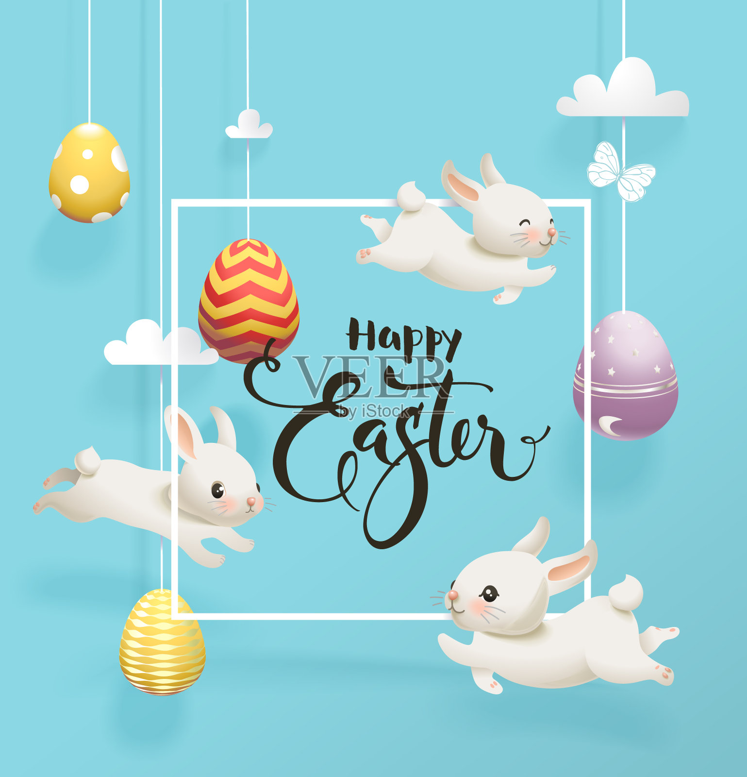 节日装饰的鸡蛋串挂在蓝天的背景，有趣的小兔子，方形框架和快乐复活节手写字母。矢量插图的节日贺卡，明信片。插画图片素材