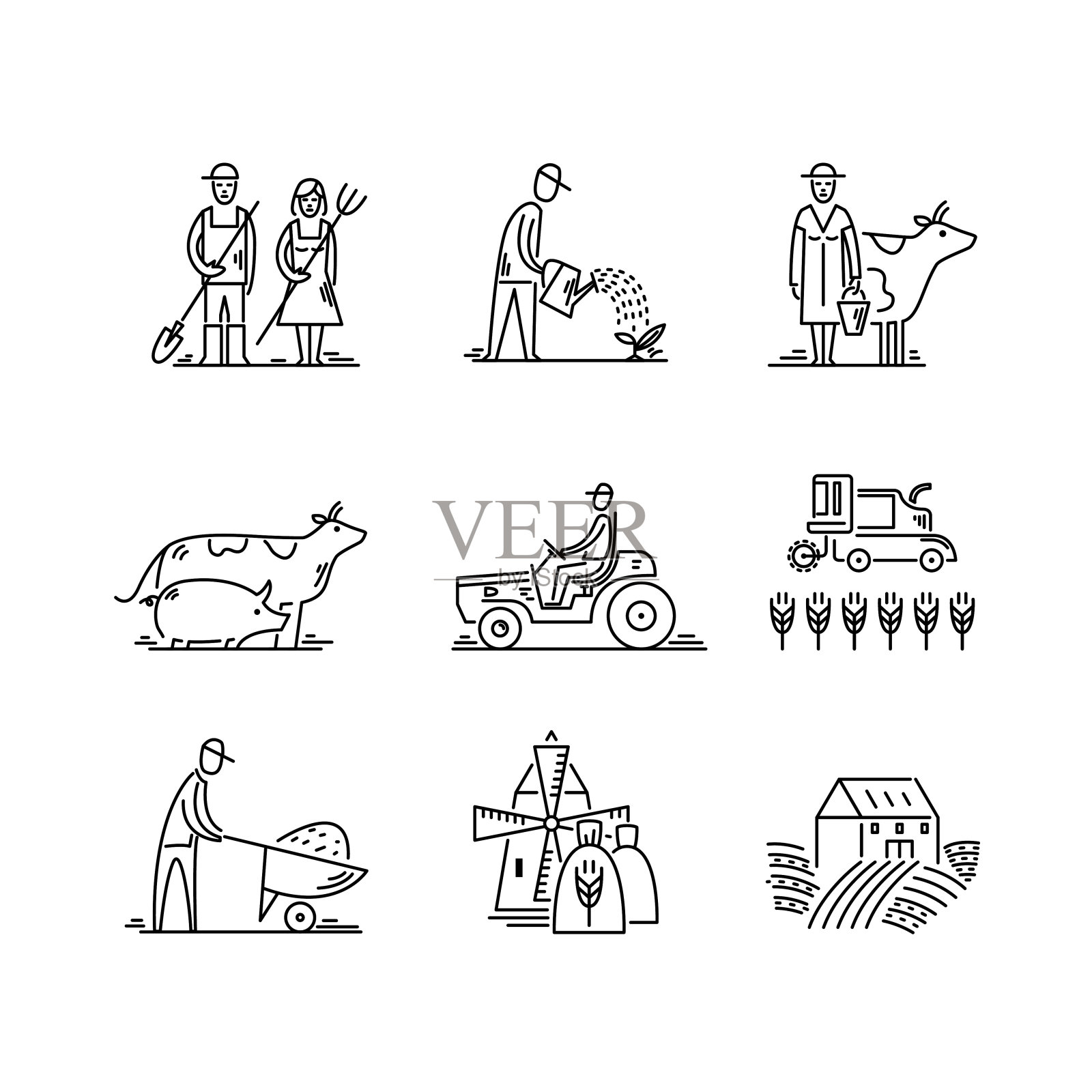 农学符号、人、动物、农田、农具、拖拉机运输插画图片素材