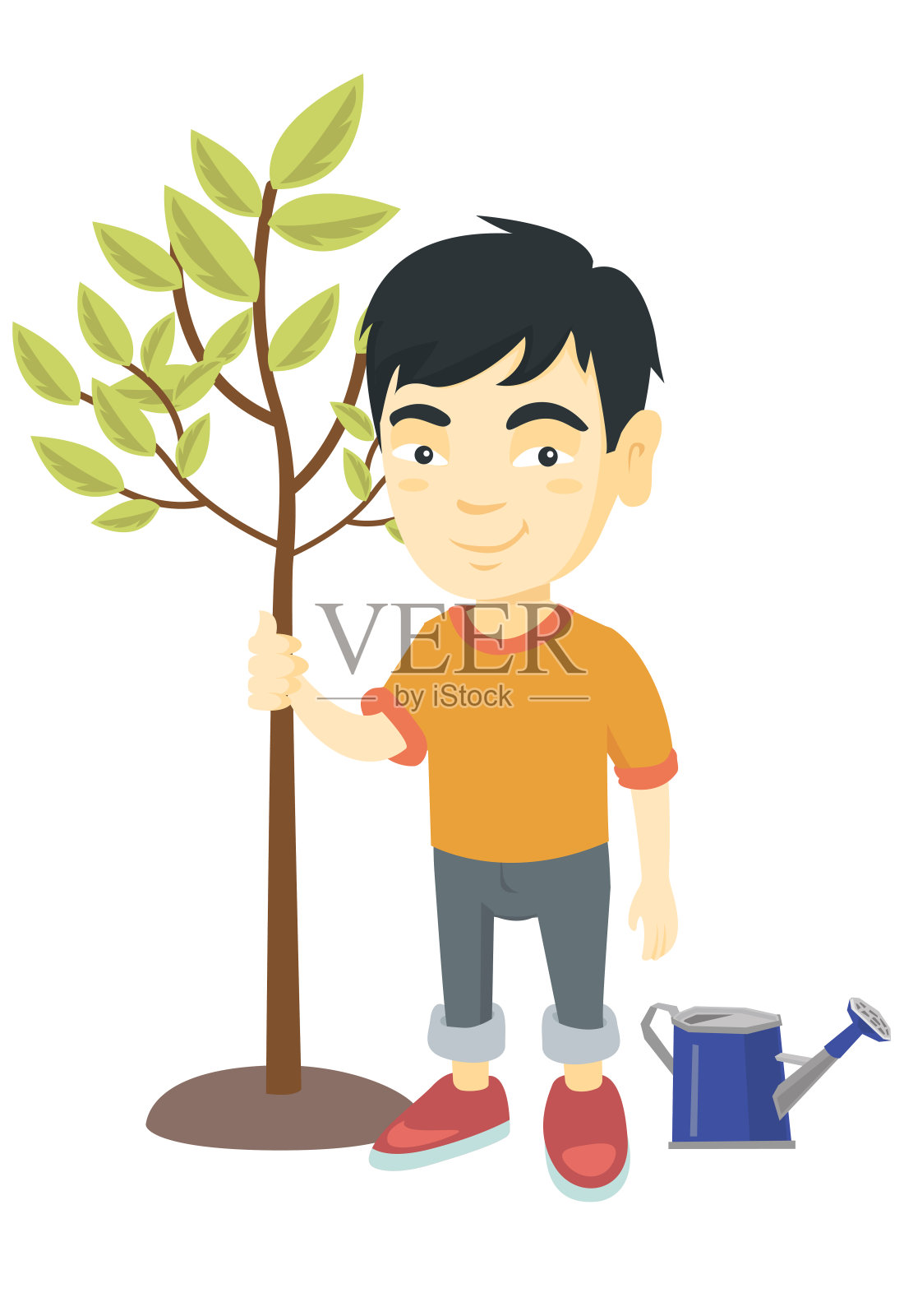亚洲微笑的男孩种植一棵树插画图片素材