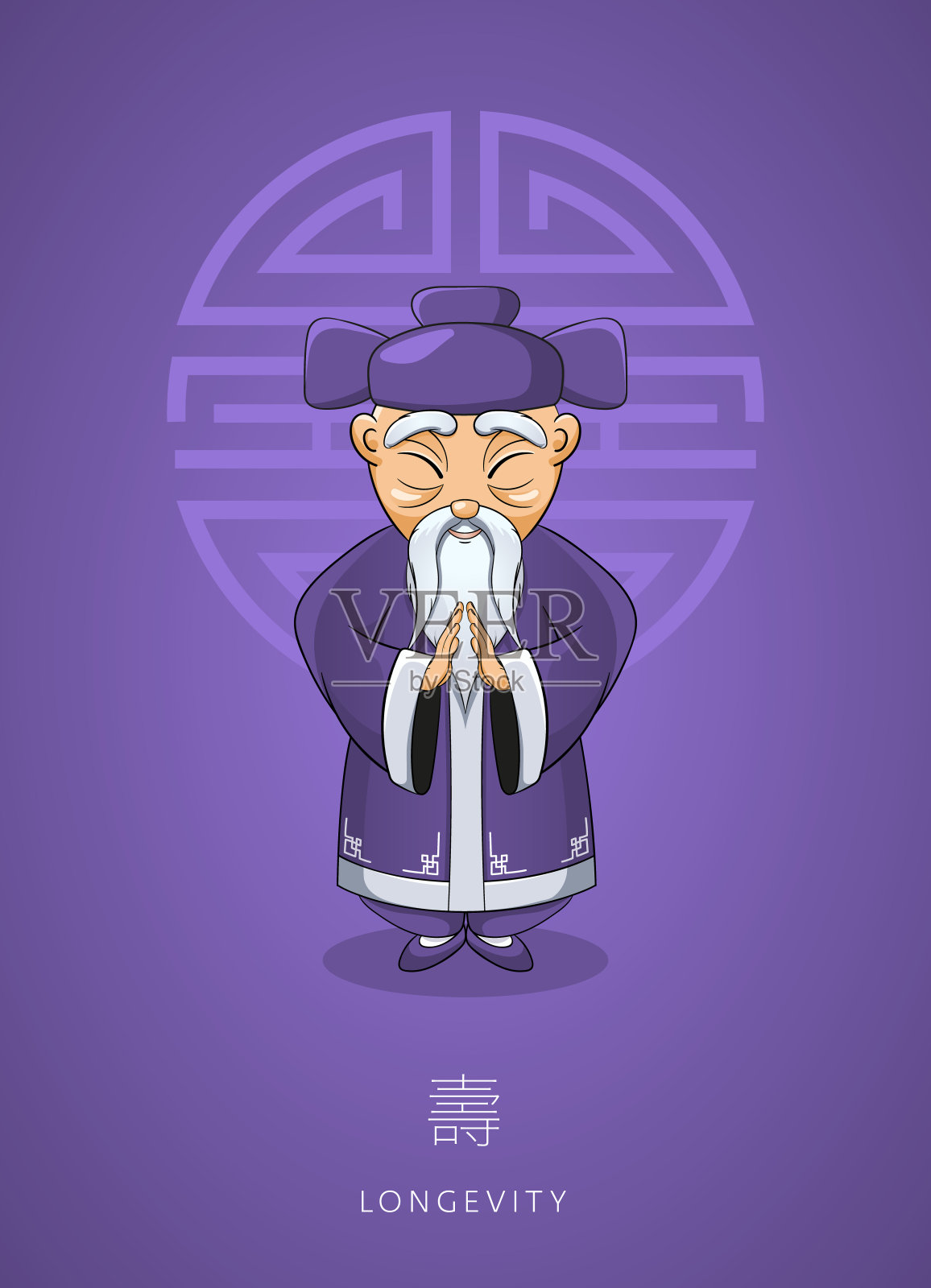 卡通手绘亚洲明智的老人在传统服装上的背景颜色紫外线插画图片素材