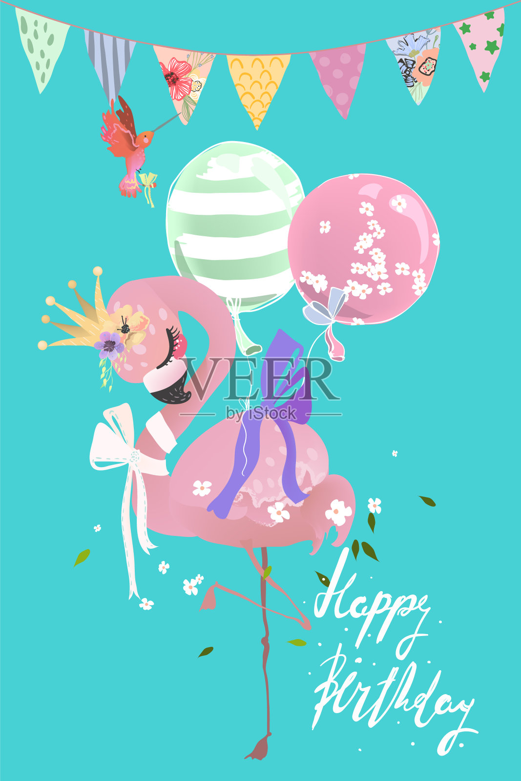 可爱的火烈鸟粉红色的婴儿公主异国情调的鸟冠，系蝴蝶结和气球插画图片素材