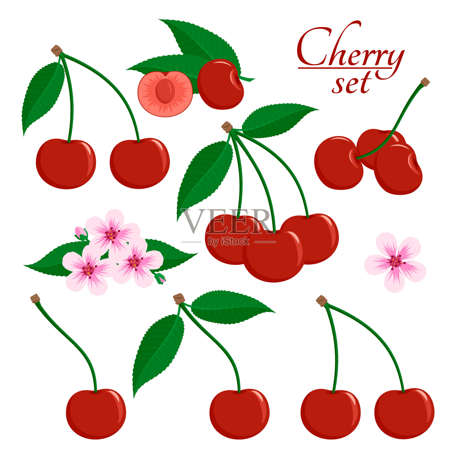 成熟的樱桃带绿叶，切开的樱桃，樱花设计元素图片