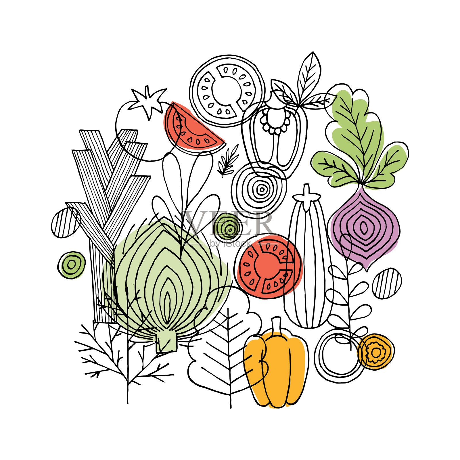 蔬菜组成。线性图形。蔬菜的背景。北欧风格。健康食品。矢量图设计元素图片