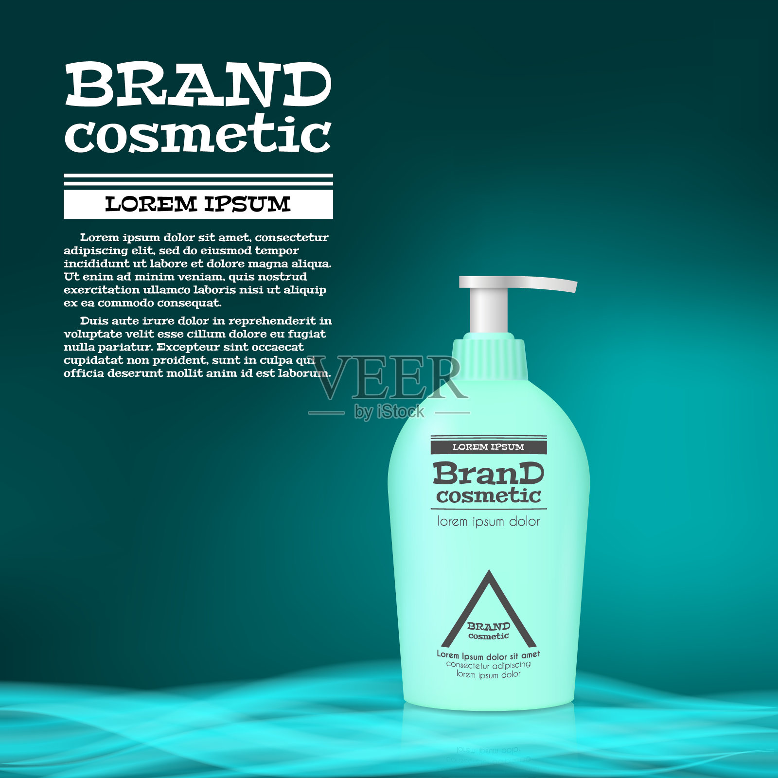 3D逼真的化妆品瓶广告模板。彩妆品牌广告概念设计与抽象辉光波插画图片素材