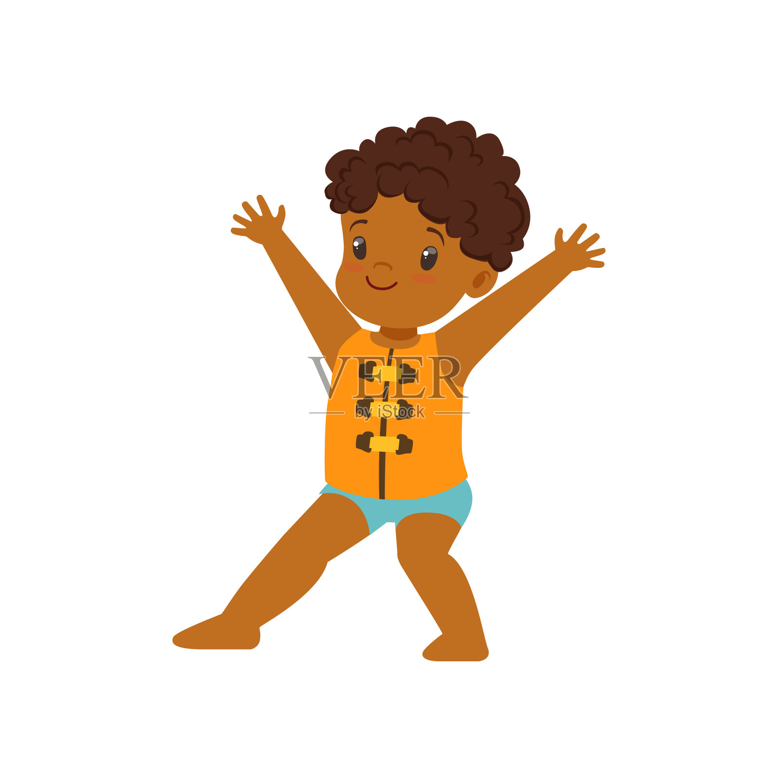 可爱的小非裔美国男孩穿着救生衣，孩子在沙滩上玩耍，快乐的婴儿在暑假户外活动矢量插画设计元素图片