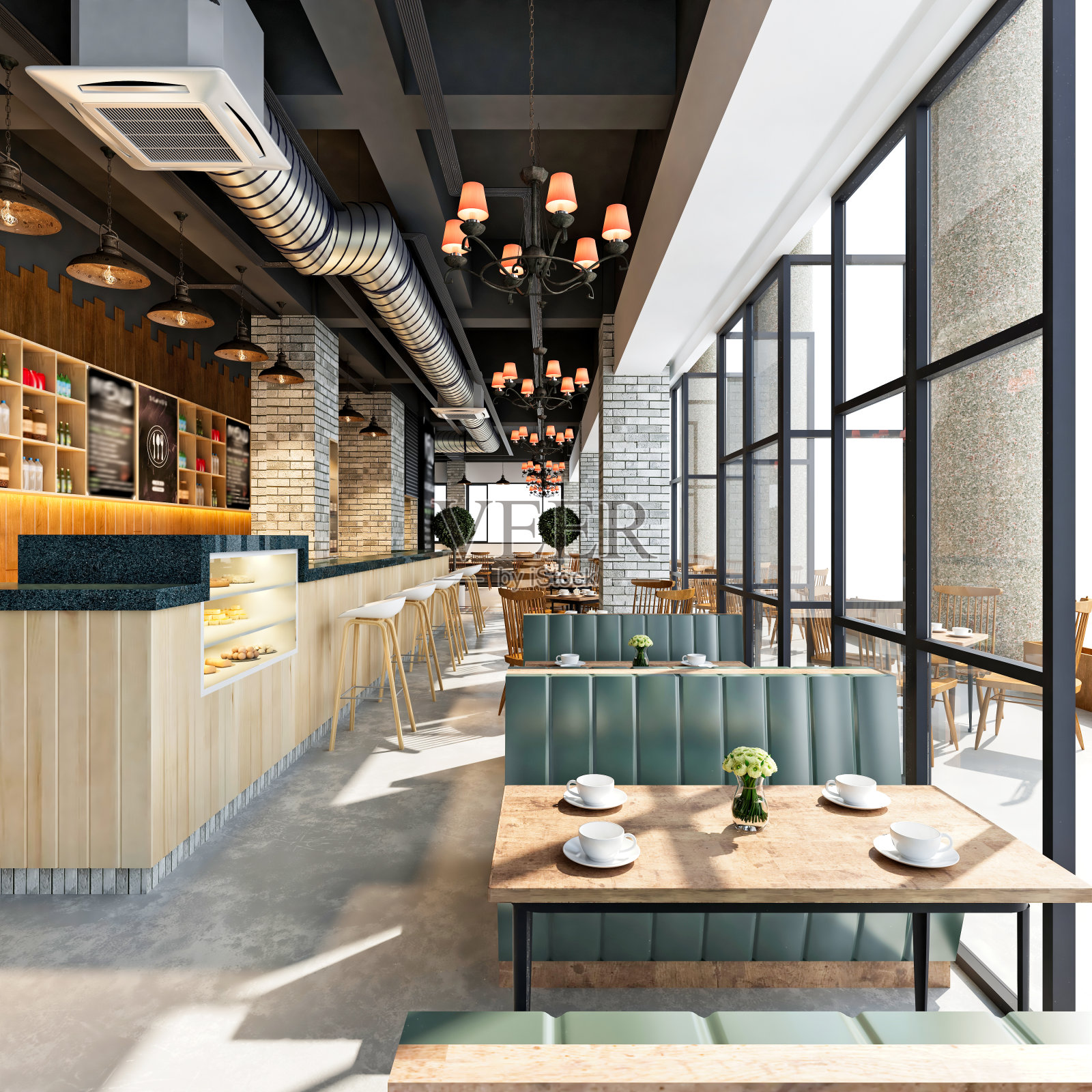 餐厅和餐厅的3D渲染插画图片素材