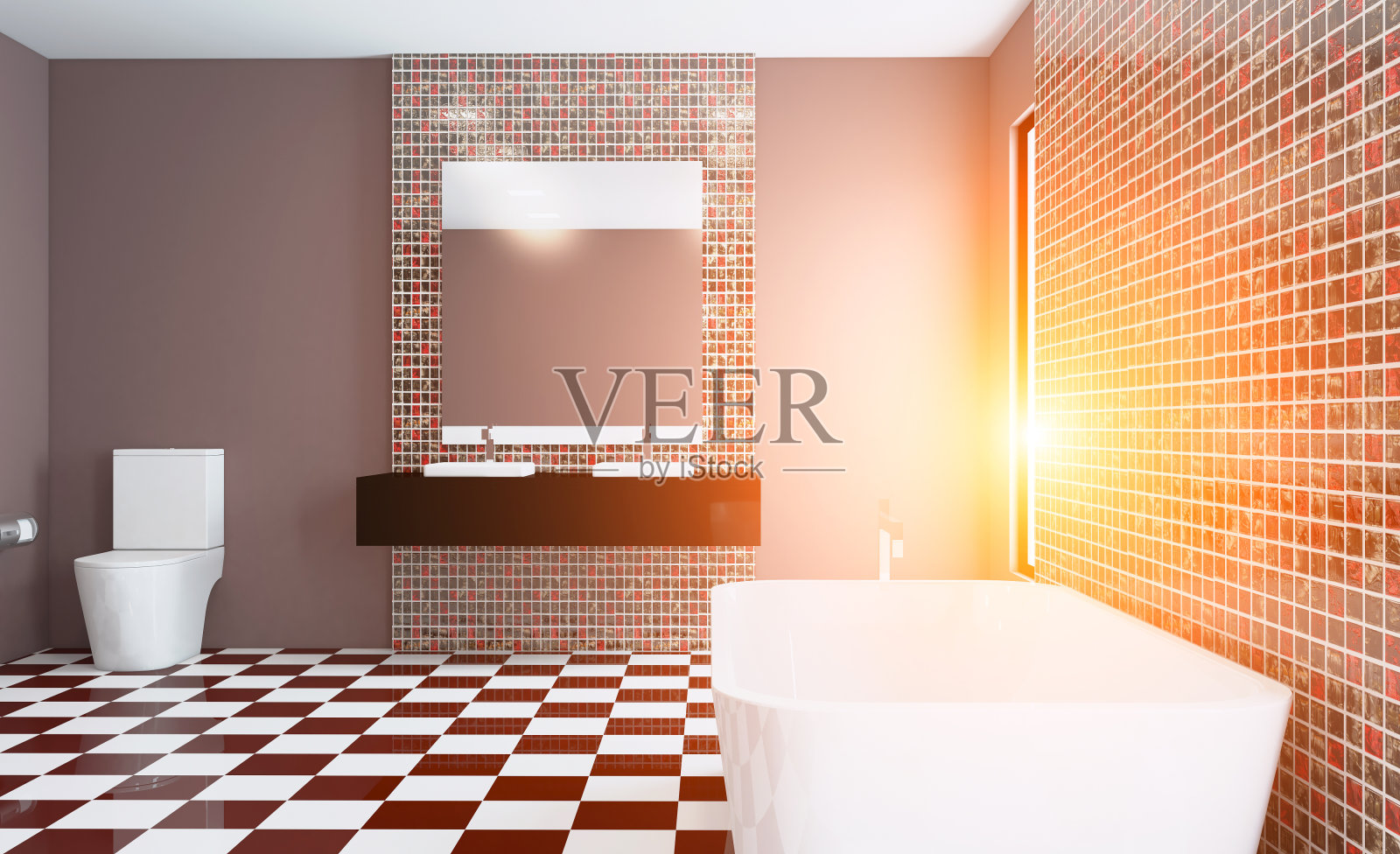 宽敞的浴室，干净、美观、豪华、明亮的房间。3 d渲染。日落。插画图片素材