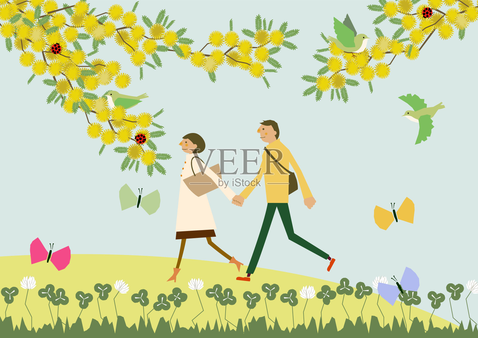 一对戴着含羞草花散步的夫妇。季节的插图。春天的形象。插画图片素材
