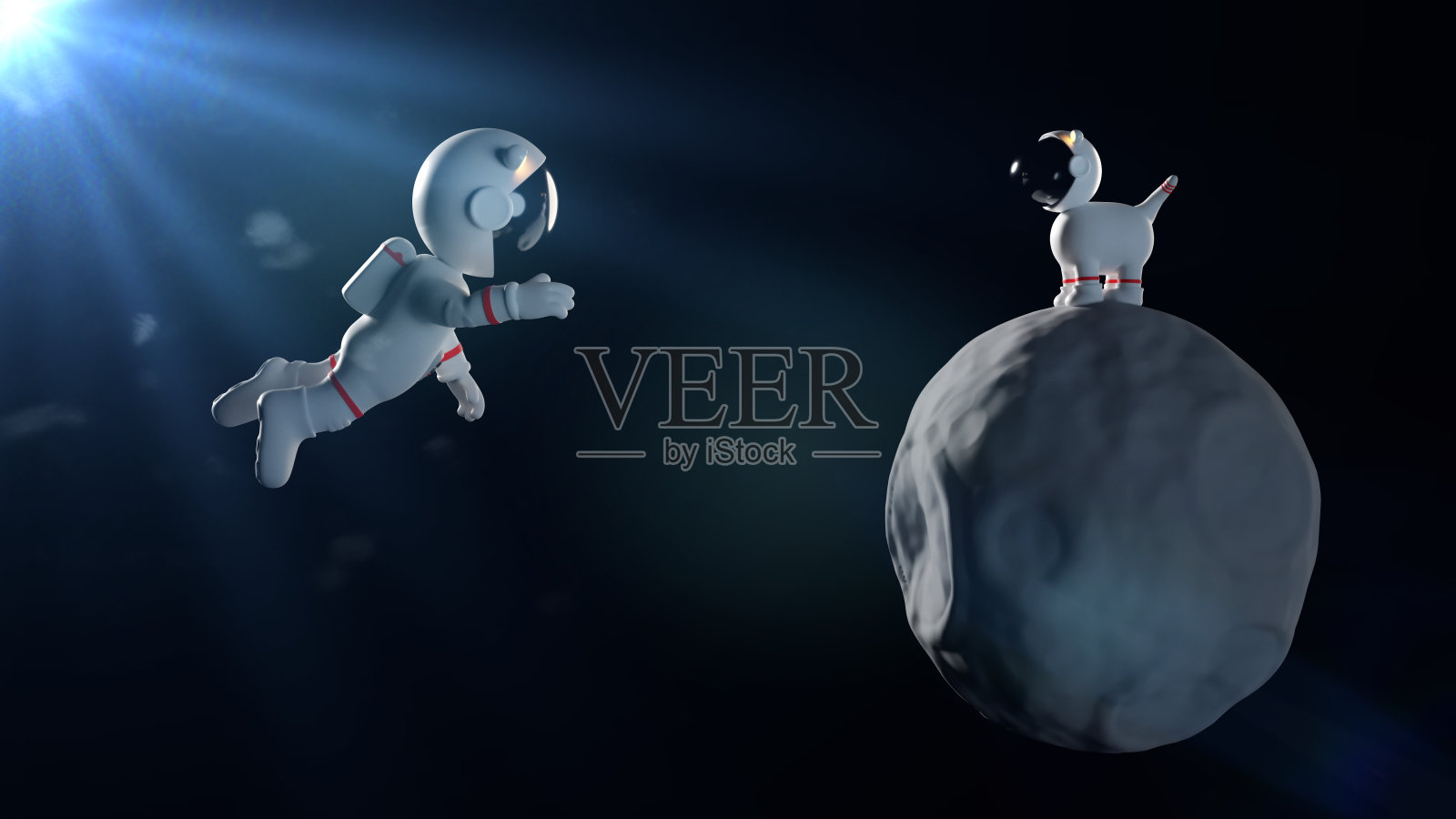 漂浮的卡通宇航员角色和一只可爱的太空狗在小行星上穿着白色太空服(3d插图)照片摄影图片