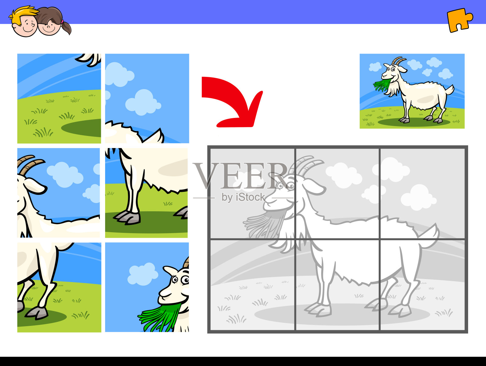拼图与山羊农场动物的性格插画图片素材