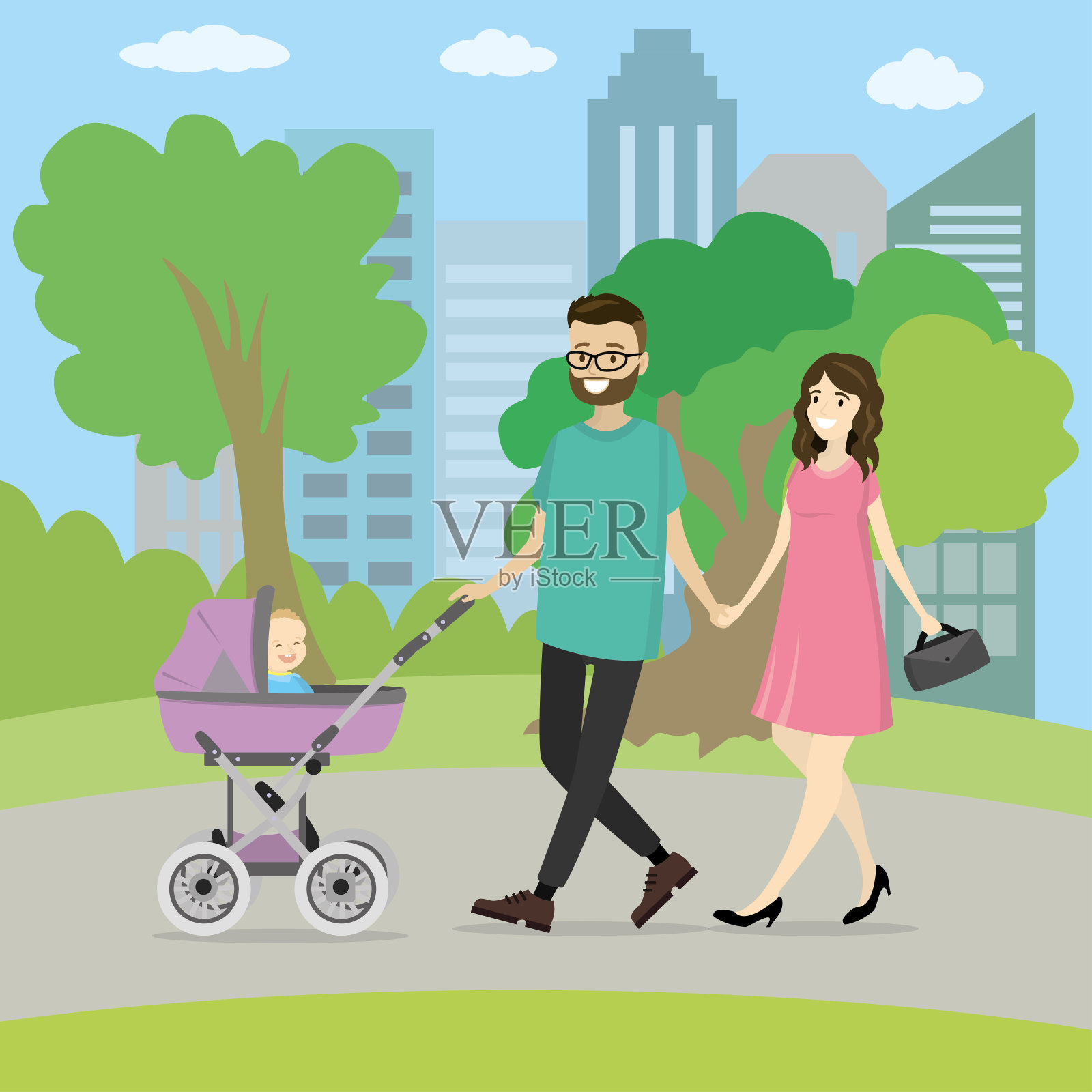 幸福的年轻家庭和婴儿车在公园散步插画图片素材