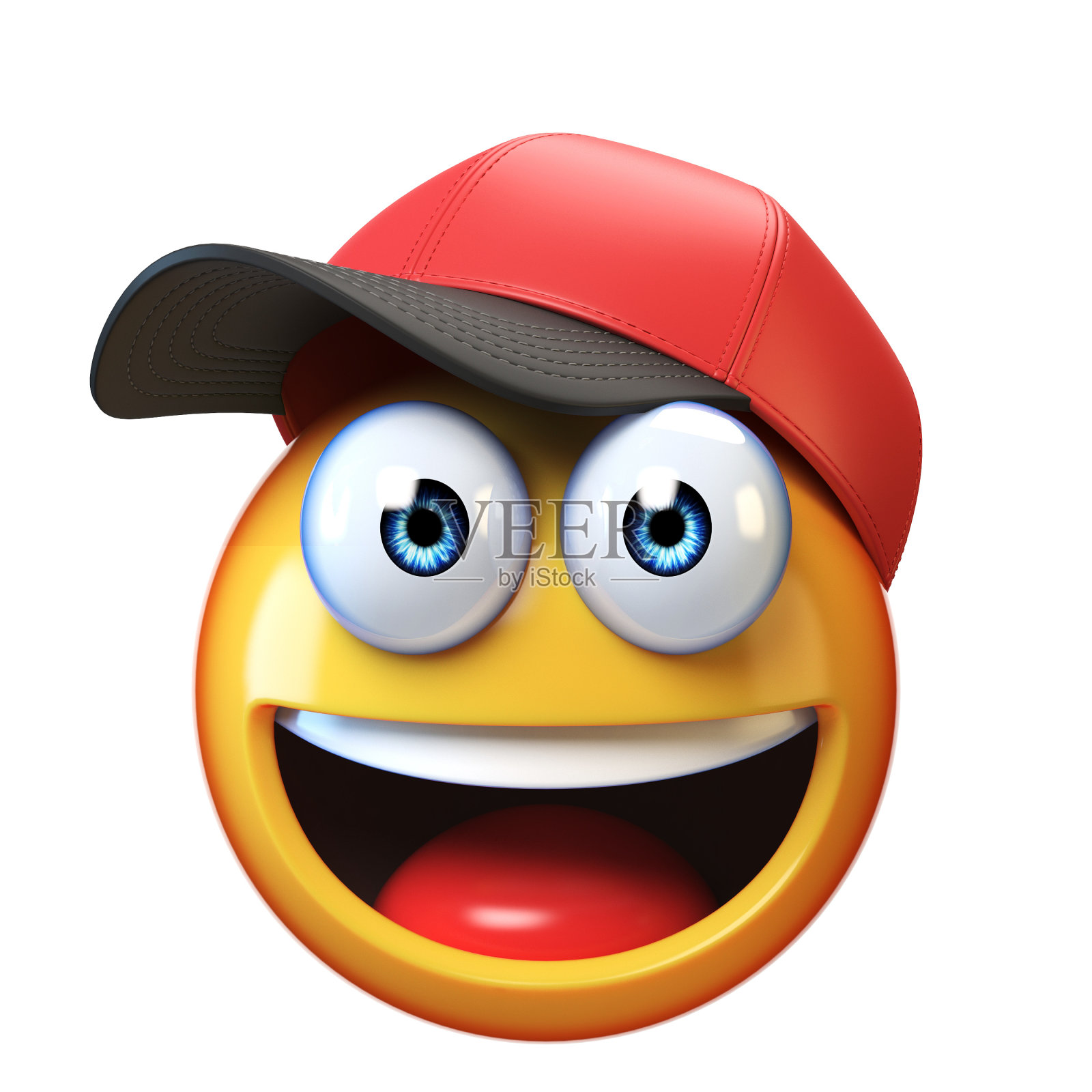 带着棒球帽的微笑表情孤立在白色背景上，表情与帽子3d渲染插画图片素材