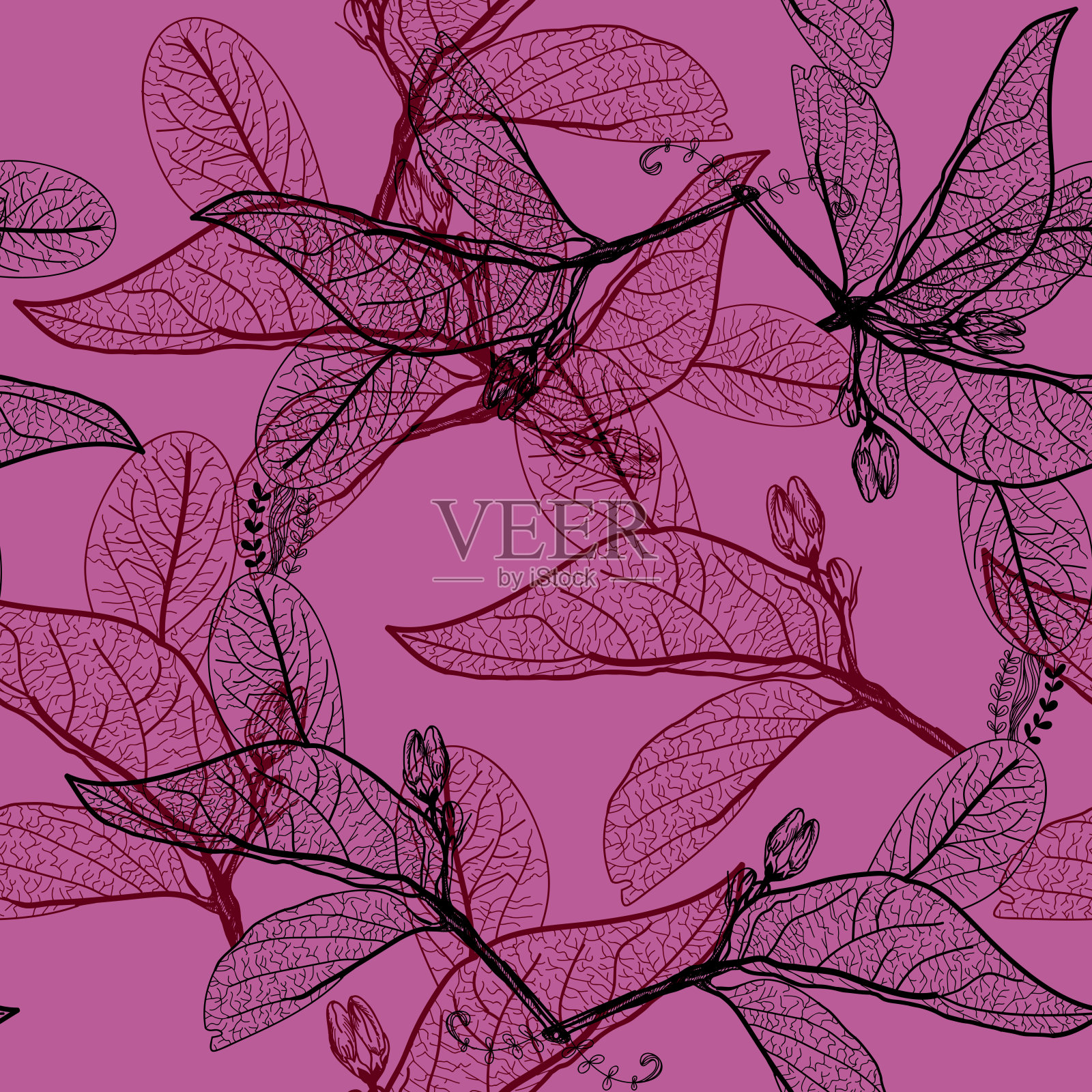 叶子黑色的轮廓在深紫红色紫色的背景。花卉无缝图案，手绘。你的网站或博客的背景。向量插画图片素材